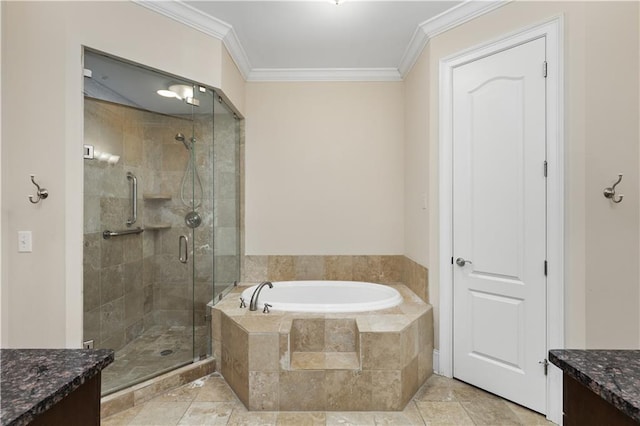 bathroom with crown molding, vanity, and plus walk in shower