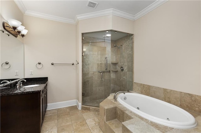 bathroom with vanity, ornamental molding, and separate shower and tub