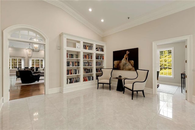 sitting room featuring crown molding, baseboards, lofted ceiling, marble tiled flooring, and recessed lighting
