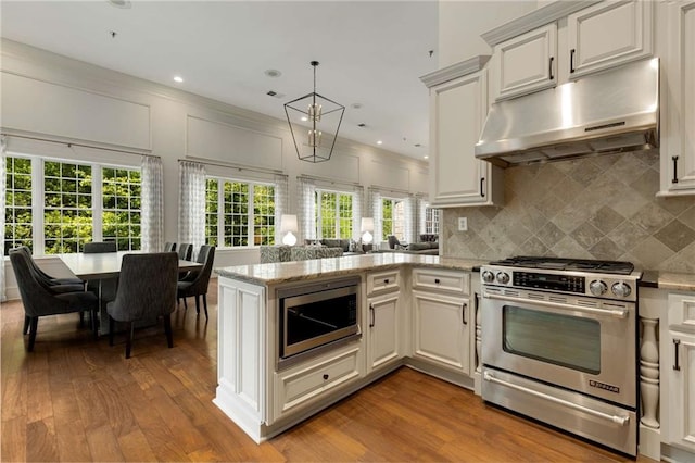 kitchen featuring appliances with stainless steel finishes, under cabinet range hood, wood finished floors, decorative backsplash, and recessed lighting