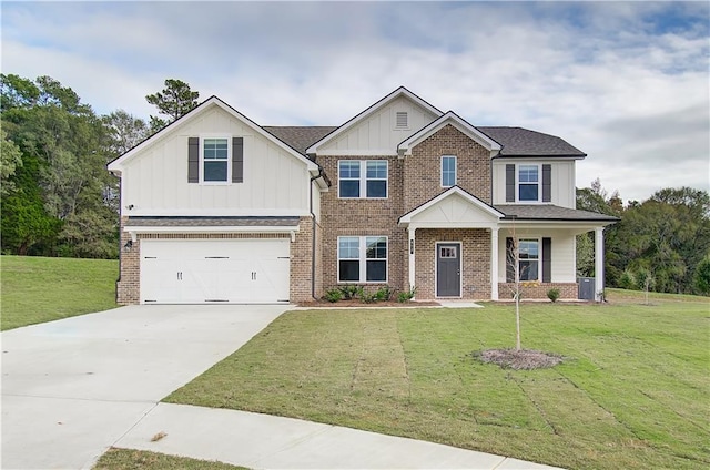 craftsman-style home featuring brick siding, board and batten siding, concrete driveway, and a front yard