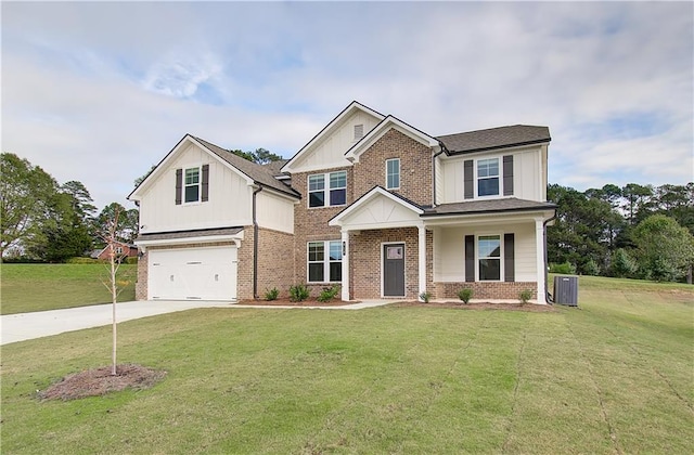 craftsman house featuring concrete driveway, an attached garage, brick siding, and a front yard