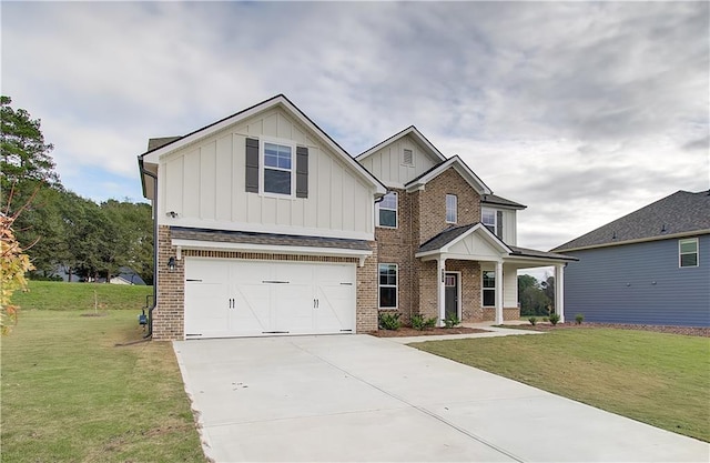 craftsman house with brick siding, board and batten siding, concrete driveway, and a front lawn