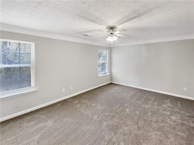 carpeted spare room featuring ceiling fan, crown molding, and a textured ceiling