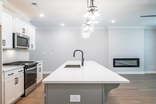 kitchen with appliances with stainless steel finishes, a sink, ornamental molding, an island with sink, and tasteful backsplash