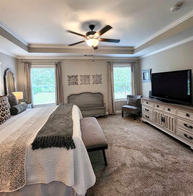 bedroom with ceiling fan, crown molding, a tray ceiling, and multiple windows