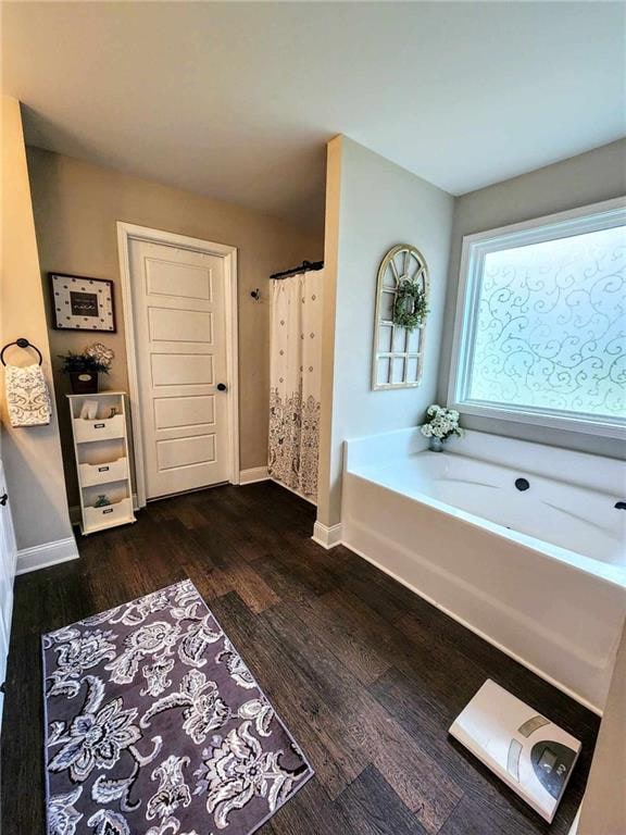 bathroom with separate shower and tub and wood-type flooring