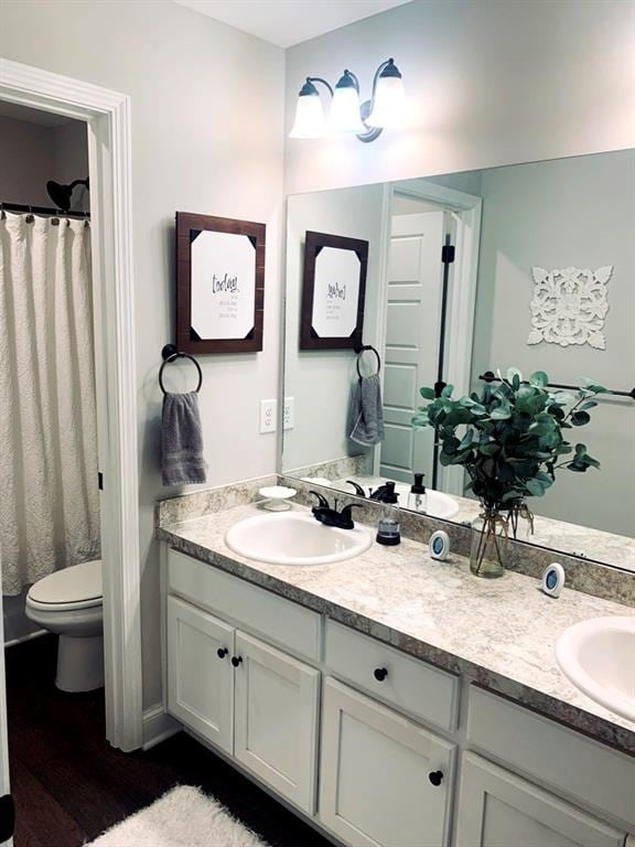 bathroom featuring vanity, hardwood / wood-style flooring, and toilet