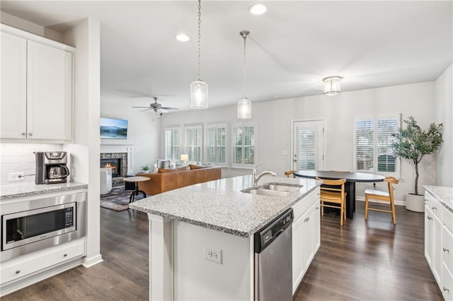 kitchen featuring a sink, stainless steel appliances, a warm lit fireplace, and a wealth of natural light