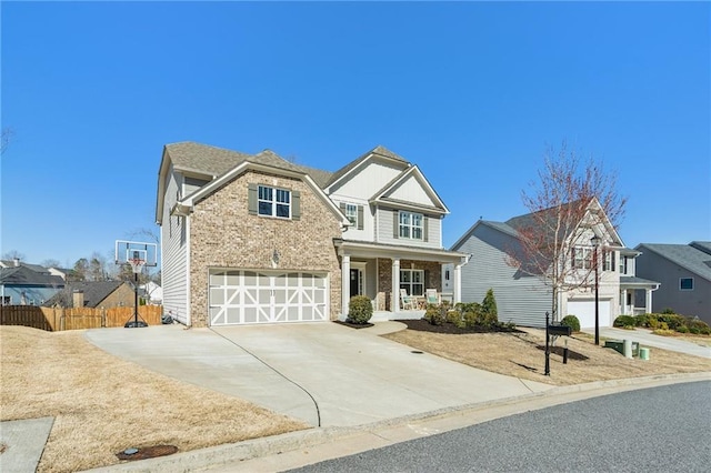 view of front facade featuring fence, a porch, concrete driveway, a garage, and brick siding