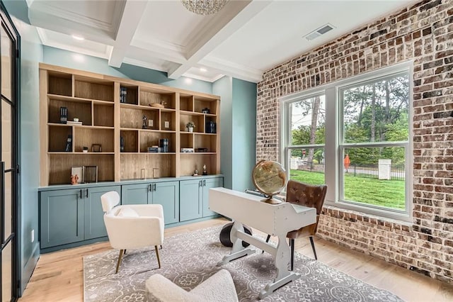 2625 Beverly Ln, Snellville, GA 30078 - office area featuring brick wall, light wood-type flooring, healthy amount of natural light, beamed ceiling, and coffered ceiling