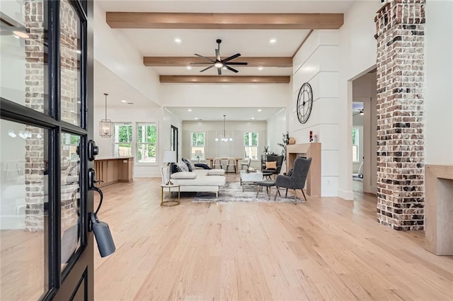 2625 Beverly Ln, Snellville, GA 30078 - living room with light wood-style flooring, beam ceiling, a ceiling fan, and recessed lighting