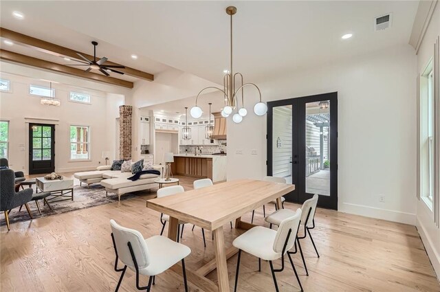 2625 Beverly Ln, Snellville, GA 30078 - dining area with light wood-type flooring, recessed lighting, baseboards, a ceiling fan, and beamed ceiling