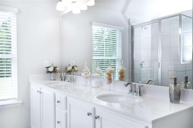 bathroom featuring a wealth of natural light, vanity, and walk in shower