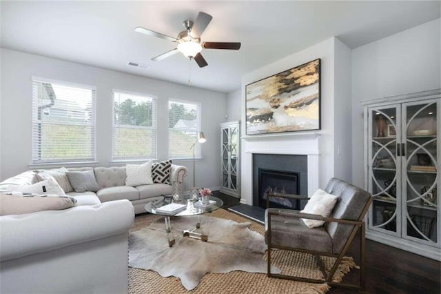 living room with ceiling fan and wood-type flooring