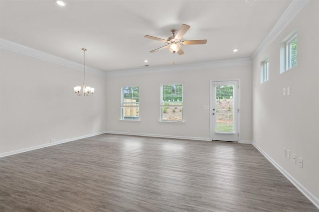 unfurnished room featuring dark hardwood / wood-style flooring, crown molding, and ceiling fan with notable chandelier