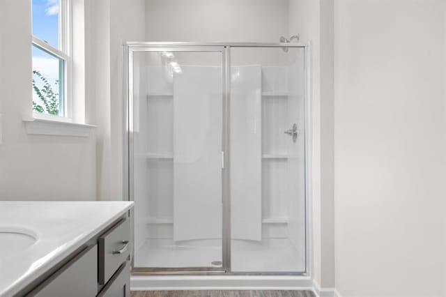 bathroom featuring an enclosed shower and vanity