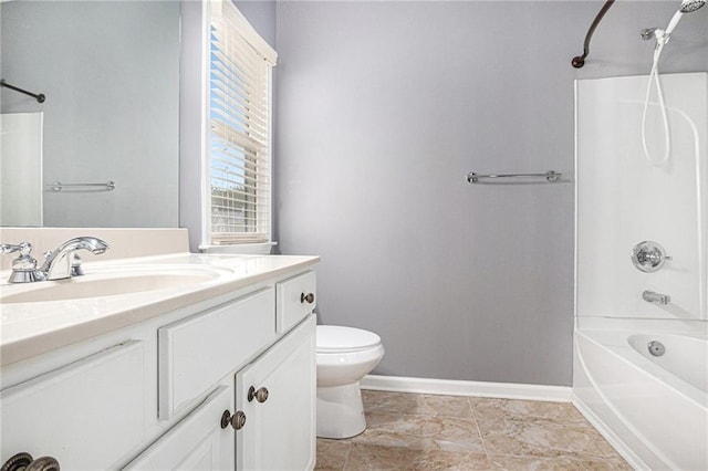 full bathroom with vanity, shower / bathing tub combination, toilet, and baseboards