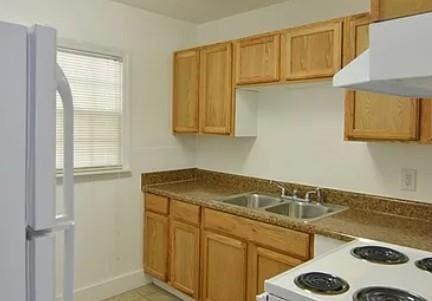 kitchen featuring under cabinet range hood, white appliances, a sink, baseboards, and dark countertops