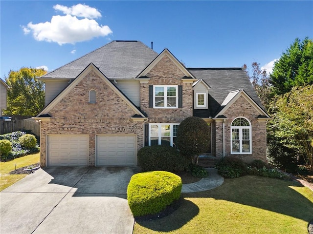 front of property with a garage and a front lawn