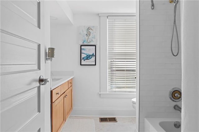 full bathroom with toilet, tile patterned floors, vanity, and shower / bathtub combination with curtain