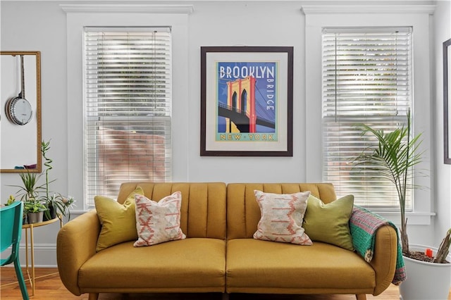 living room with a healthy amount of sunlight and hardwood / wood-style floors