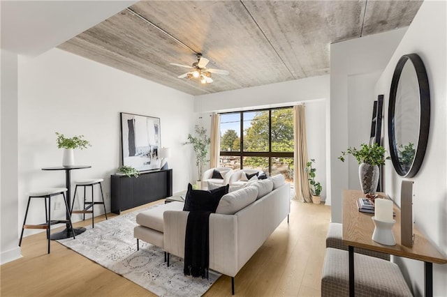 living room with ceiling fan and light hardwood / wood-style floors