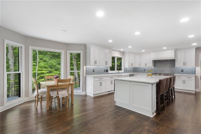 660 Willow Knoll Dr SE, Marietta, GA 30067 - kitchen with light countertops, decorative backsplash, dark wood finished floors, and recessed lighting