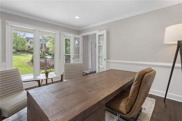 660 Willow Knoll Dr SE, Marietta, GA 30067 - home office featuring dark wood finished floors, ornamental molding, recessed lighting, and baseboards