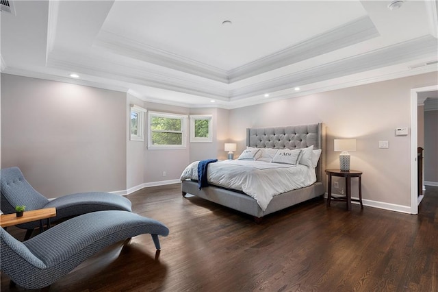 660 Willow Knoll Dr SE, Marietta, GA 30067 - bedroom with a tray ceiling, baseboards, ornamental molding, dark wood-style flooring, and recessed lighting