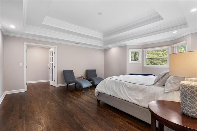 660 Willow Knoll Dr SE, Marietta, GA 30067 - bedroom featuring a raised ceiling, crown molding, wood finished floors, french doors, and baseboards