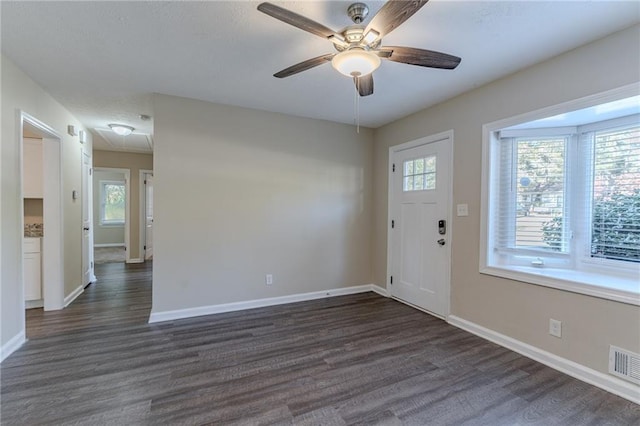 foyer entrance featuring ceiling fan, a healthy amount of sunlight, and dark hardwood / wood-style flooring