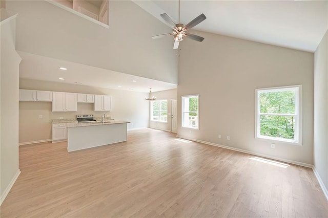 175 W Woods Dr, Dahlonega, GA 30533 - unfurnished living room featuring high vaulted ceiling, a chandelier, baseboards, light wood finished floors, and ceiling fan