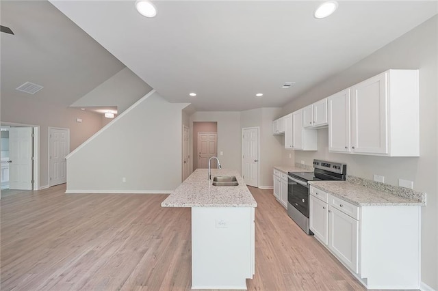 175 W Woods Dr, Dahlonega, GA 30533 - kitchen featuring electric range, a sink, white cabinets, baseboards, and light wood-type flooring