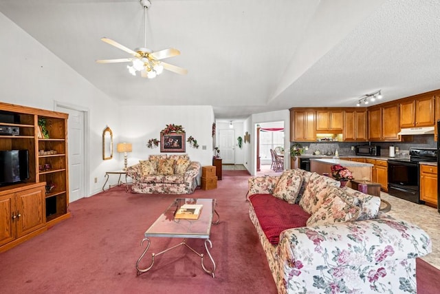 living room featuring vaulted ceiling, carpet floors, a textured ceiling, and a ceiling fan