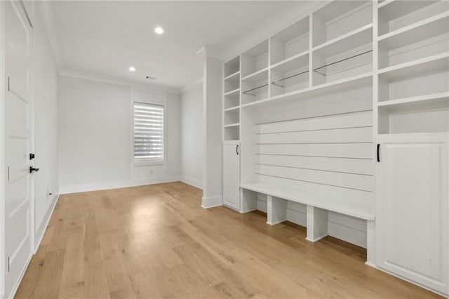 mudroom with recessed lighting, baseboards, wood finished floors, and ornamental molding