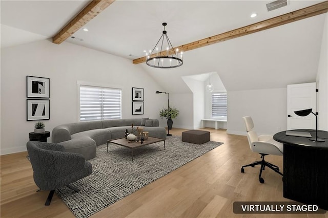 interior space with lofted ceiling with beams, visible vents, light wood-style floors, and a notable chandelier