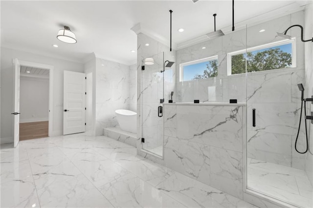 bathroom with crown molding, marble finish floor, a marble finish shower, and a freestanding bath