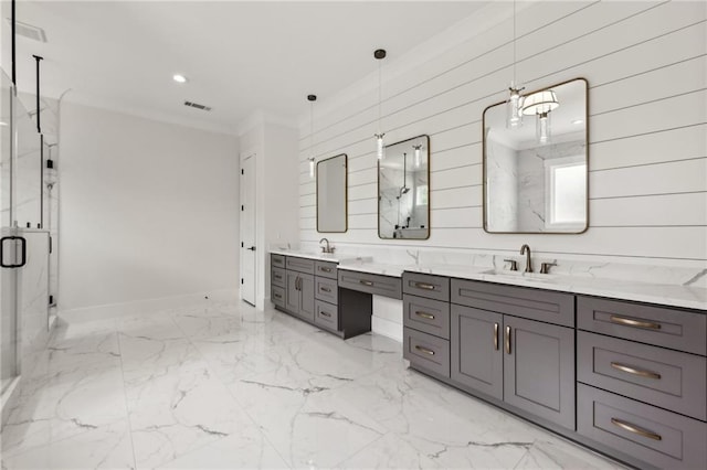 bathroom with vanity, visible vents, a marble finish shower, recessed lighting, and marble finish floor