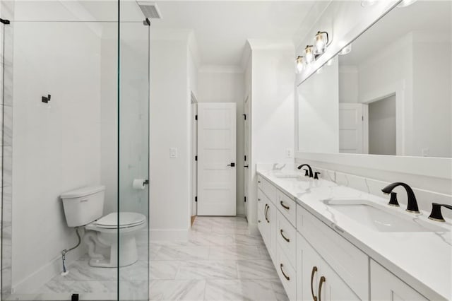 bathroom featuring visible vents, toilet, marble finish floor, a sink, and crown molding