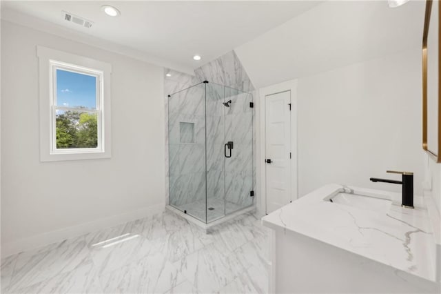 bathroom with recessed lighting, visible vents, baseboards, and marble finish floor