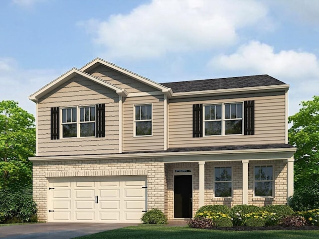 craftsman inspired home with a garage, concrete driveway, brick siding, and a front lawn