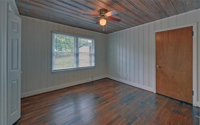 unfurnished room featuring hardwood / wood-style floors, ceiling fan, and wooden ceiling