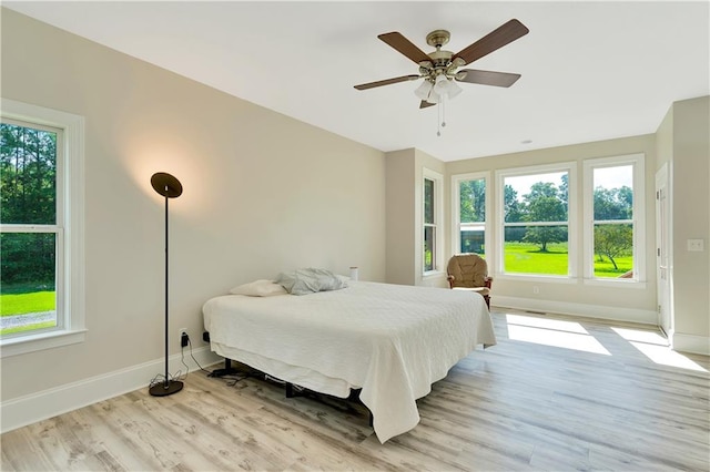 bedroom with ceiling fan and light wood-type flooring