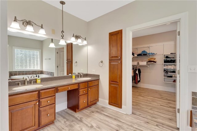 bathroom with a washtub, wood-type flooring, and double sink vanity