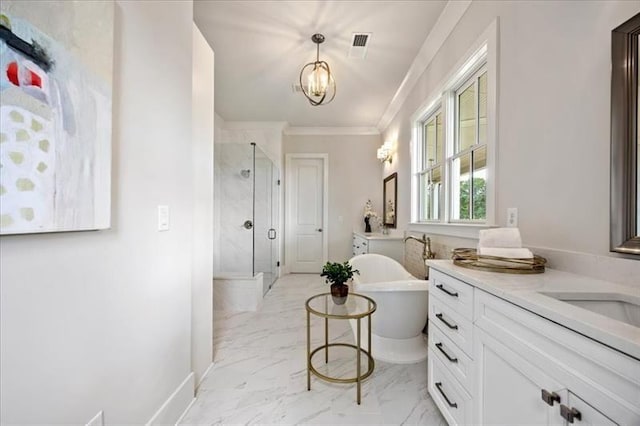 bathroom with marble finish floors, a stall shower, a soaking tub, vanity, and crown molding