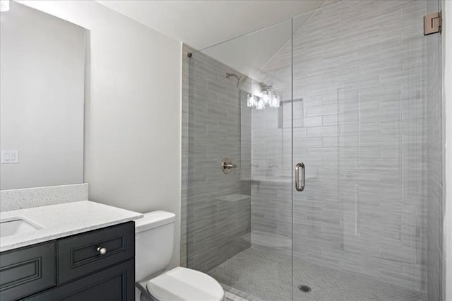 bathroom with vanity, a stall shower, and toilet