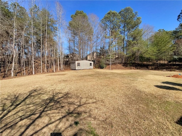 view of yard with an outbuilding and a storage shed