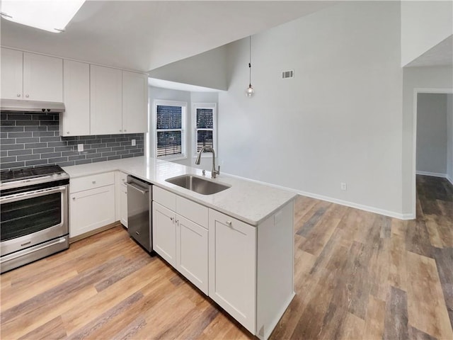 kitchen with under cabinet range hood, a peninsula, a sink, appliances with stainless steel finishes, and light wood-type flooring