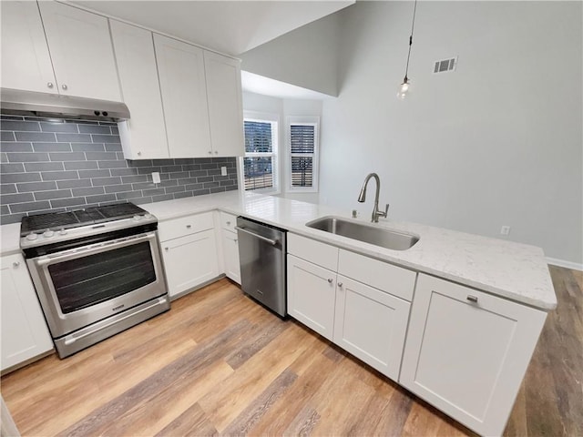 kitchen with light wood finished floors, appliances with stainless steel finishes, a peninsula, under cabinet range hood, and a sink